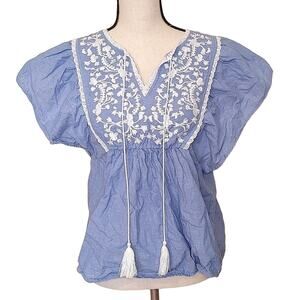 Jordann Blue Embroidered Size Medium M White Tassle Blouse